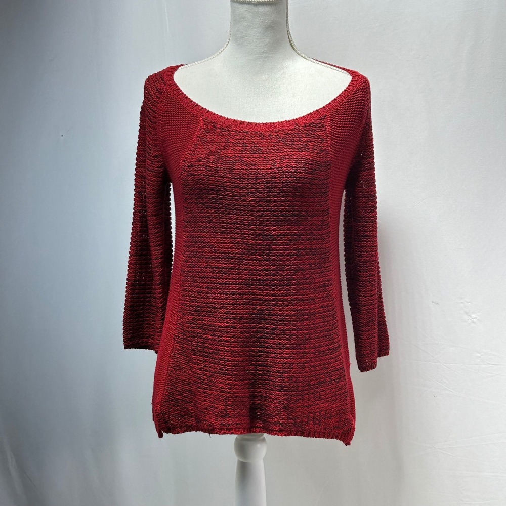 energe world wear women red knit‎ textured sweater 3/4 sleeve boat neck